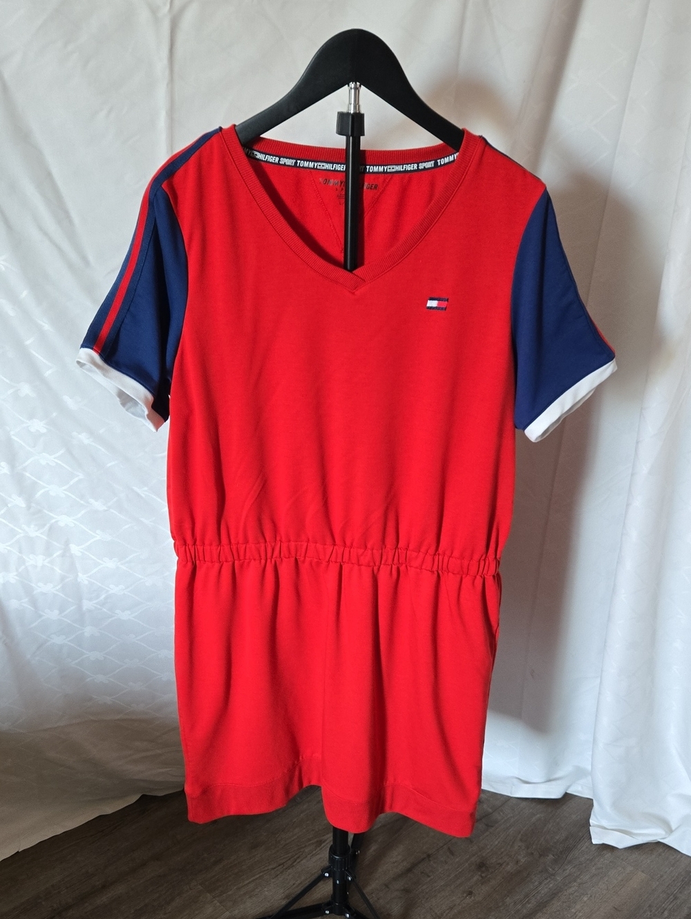 Tommy Hilfiger Red V-Neck Mini Dress with Navy Sleeves